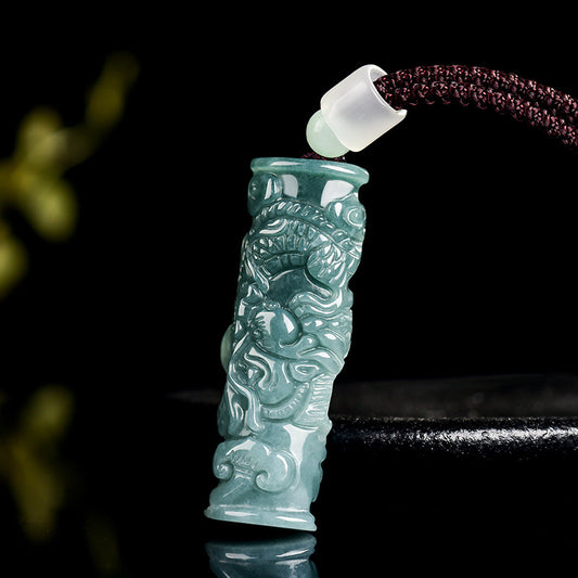 Natural Grade A Jadeite Blue Water Dragon Pillar Pendant – A Symbol of Tranquility&Strength&Protection