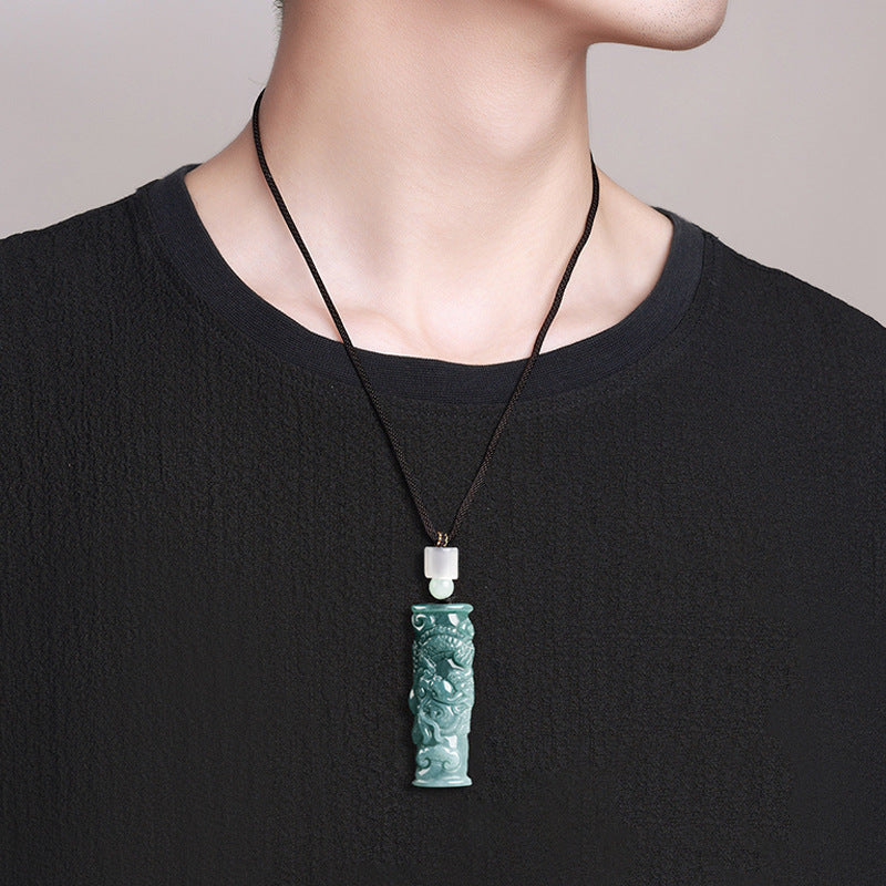 Natural Grade A Jadeite Blue Water Dragon Pillar Pendant – A Symbol of Tranquility&Strength&Protection