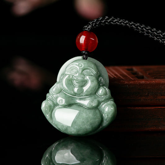 Natural Grade A Green Jade Maitreya Buddha Pendant – Joy, Abundance, and Serene Blessings