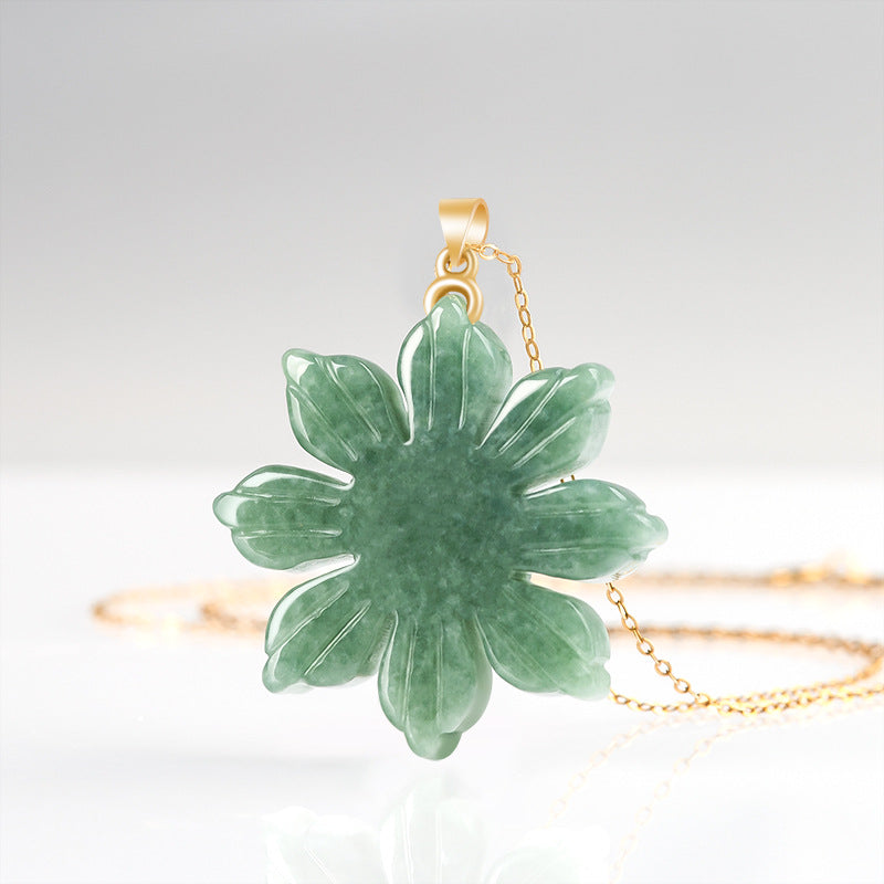 Natural Grade A Jade Sunflower Pendant with S925 Silver Chain—Keep Positive Energy with You!
