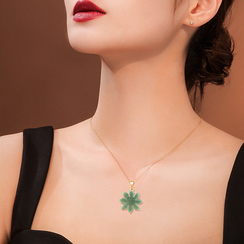 Natural Grade A Jade Sunflower Pendant with S925 Silver Chain—Keep Positive Energy with You!