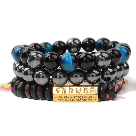 Six-Syllable Mantra Lucky Trio Set Natural Stone Colored Rope Bracelet Set
