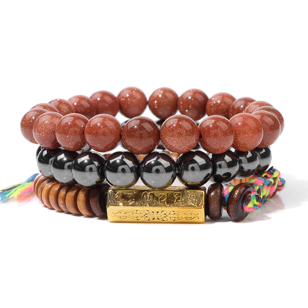 Six-Syllable Mantra Lucky Trio Set Natural Stone Colored Rope Bracelet Set