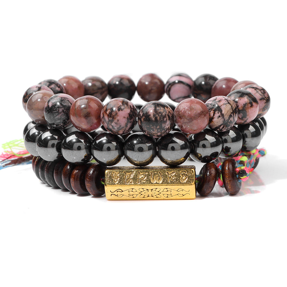 Six-Syllable Mantra Lucky Trio Set Natural Stone Colored Rope Bracelet Set