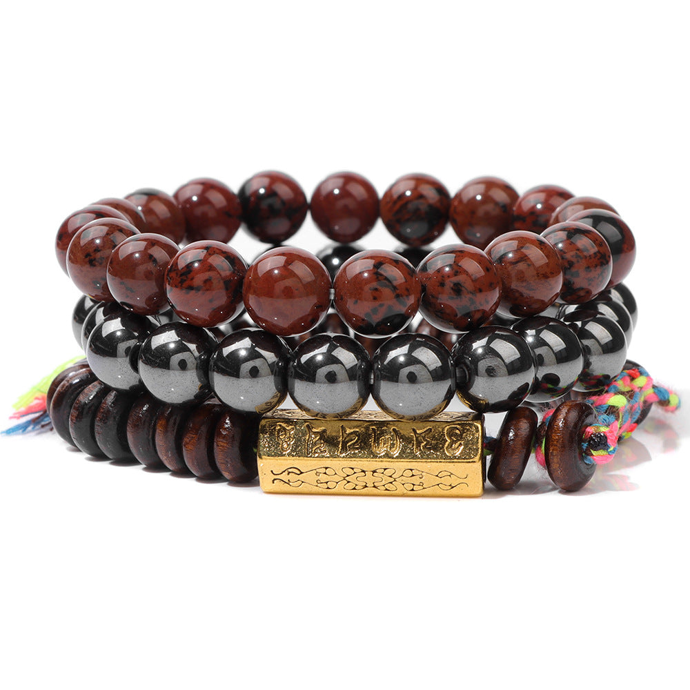 Six-Syllable Mantra Lucky Trio Set Natural Stone Colored Rope Bracelet Set