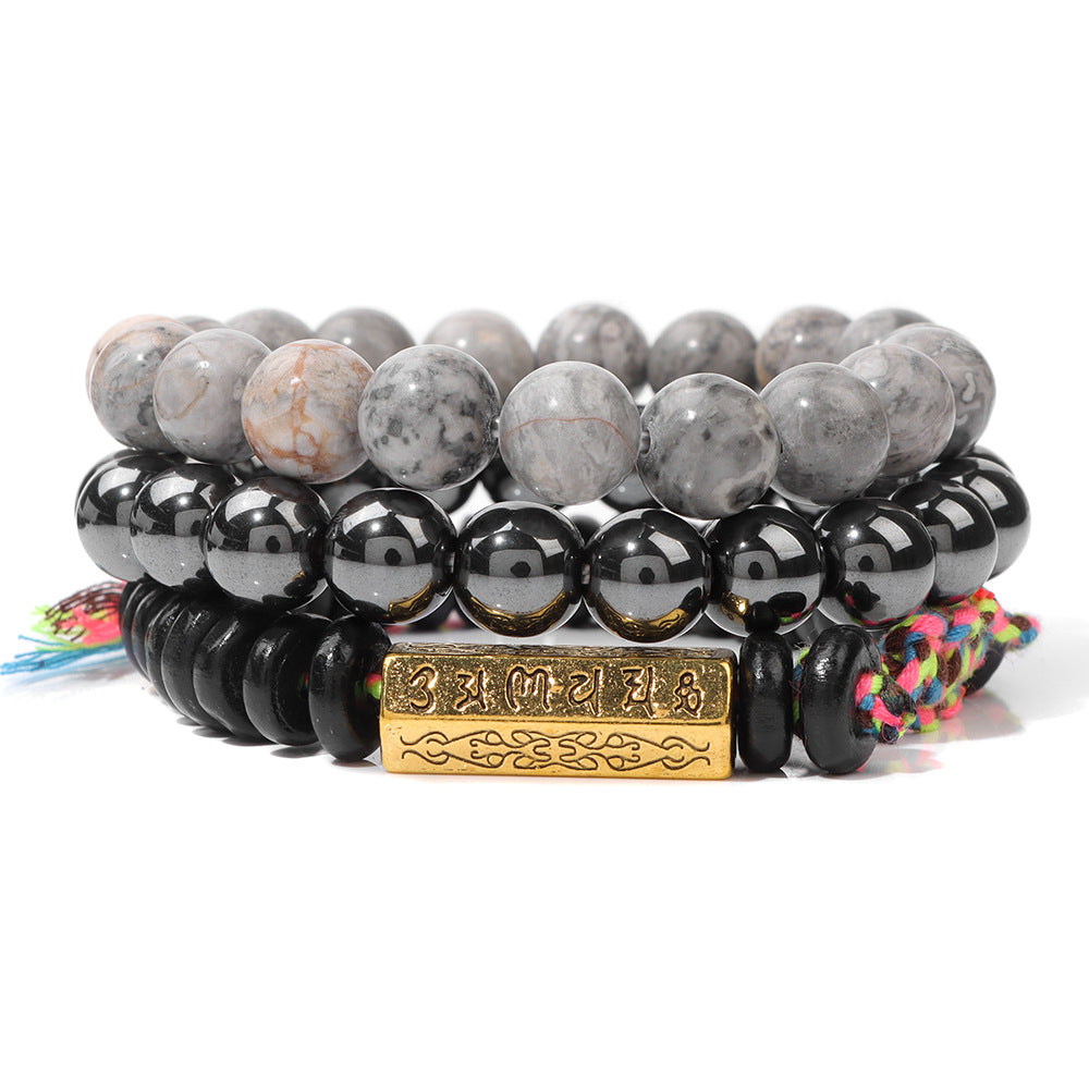 Six-Syllable Mantra Lucky Trio Set Natural Stone Colored Rope Bracelet Set
