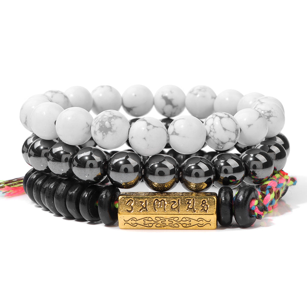 Six-Syllable Mantra Lucky Trio Set Natural Stone Colored Rope Bracelet Set