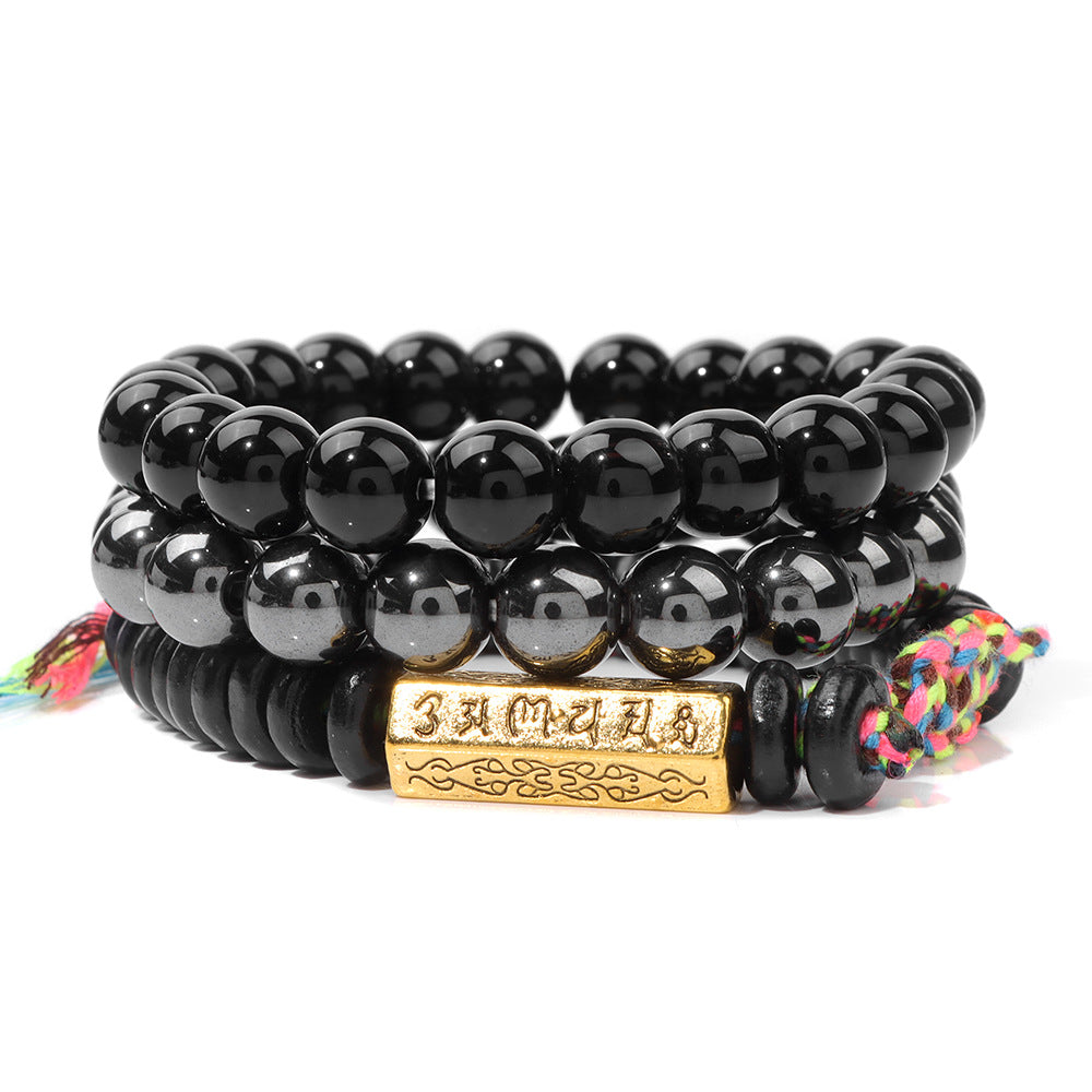 Six-Syllable Mantra Lucky Trio Set Natural Stone Colored Rope Bracelet Set