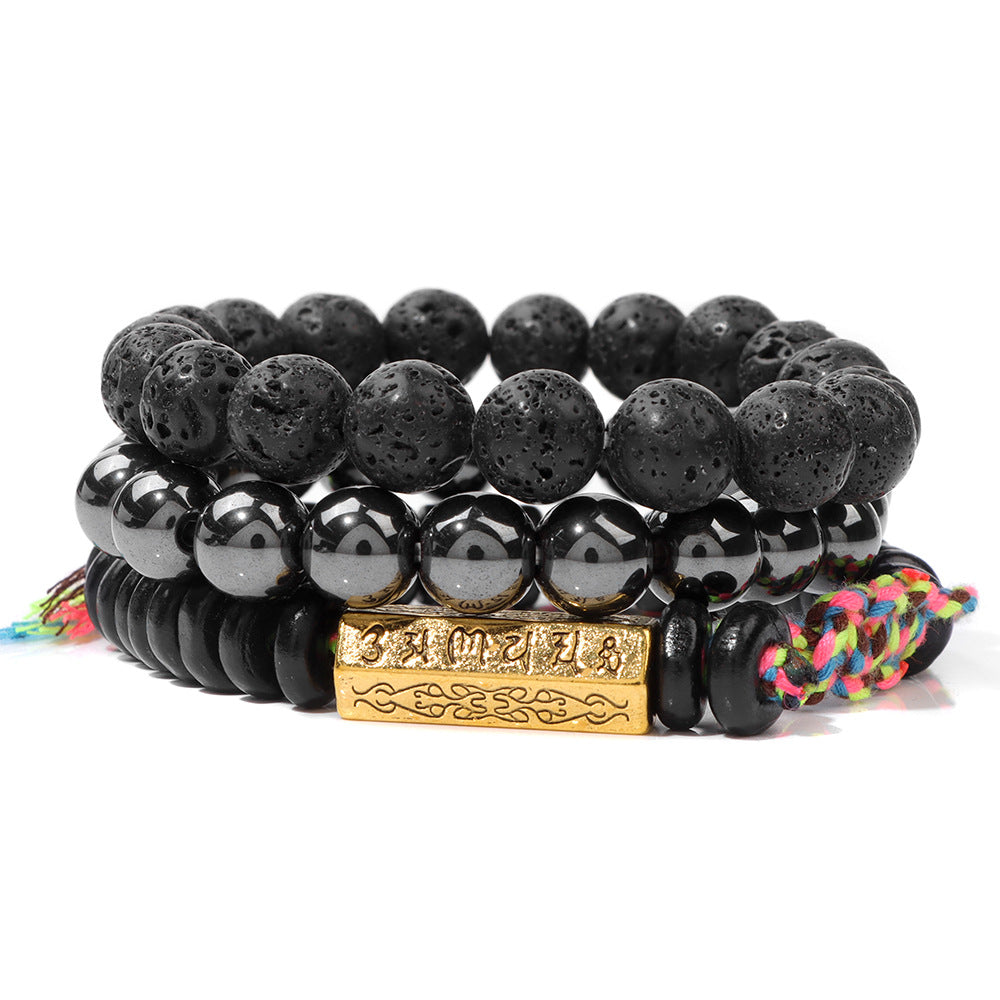 Six-Syllable Mantra Lucky Trio Set Natural Stone Colored Rope Bracelet Set