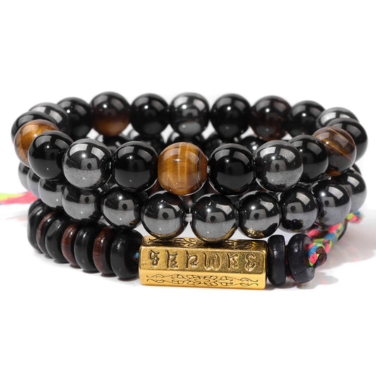 Six-Syllable Mantra Lucky Trio Set Natural Stone Colored Rope Bracelet Set