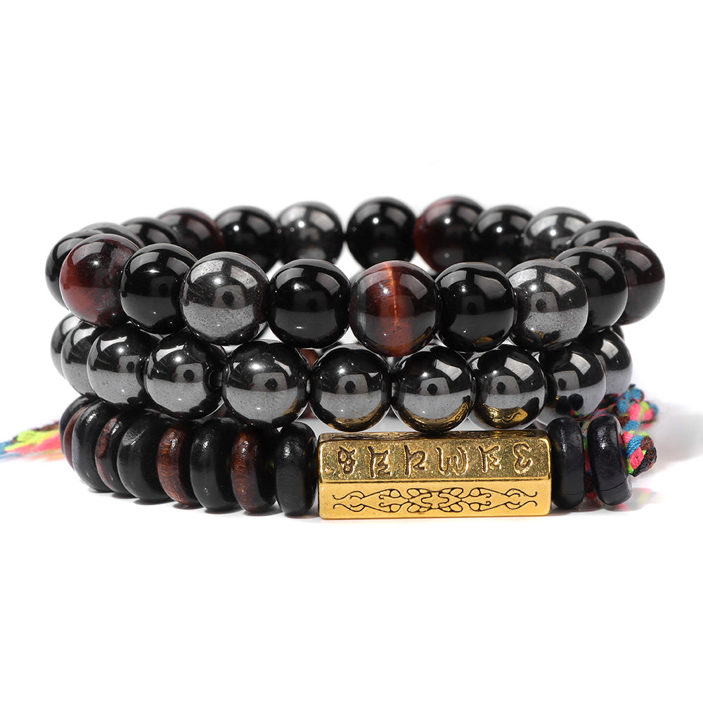 Six-Syllable Mantra Lucky Trio Set Natural Stone Colored Rope Bracelet Set