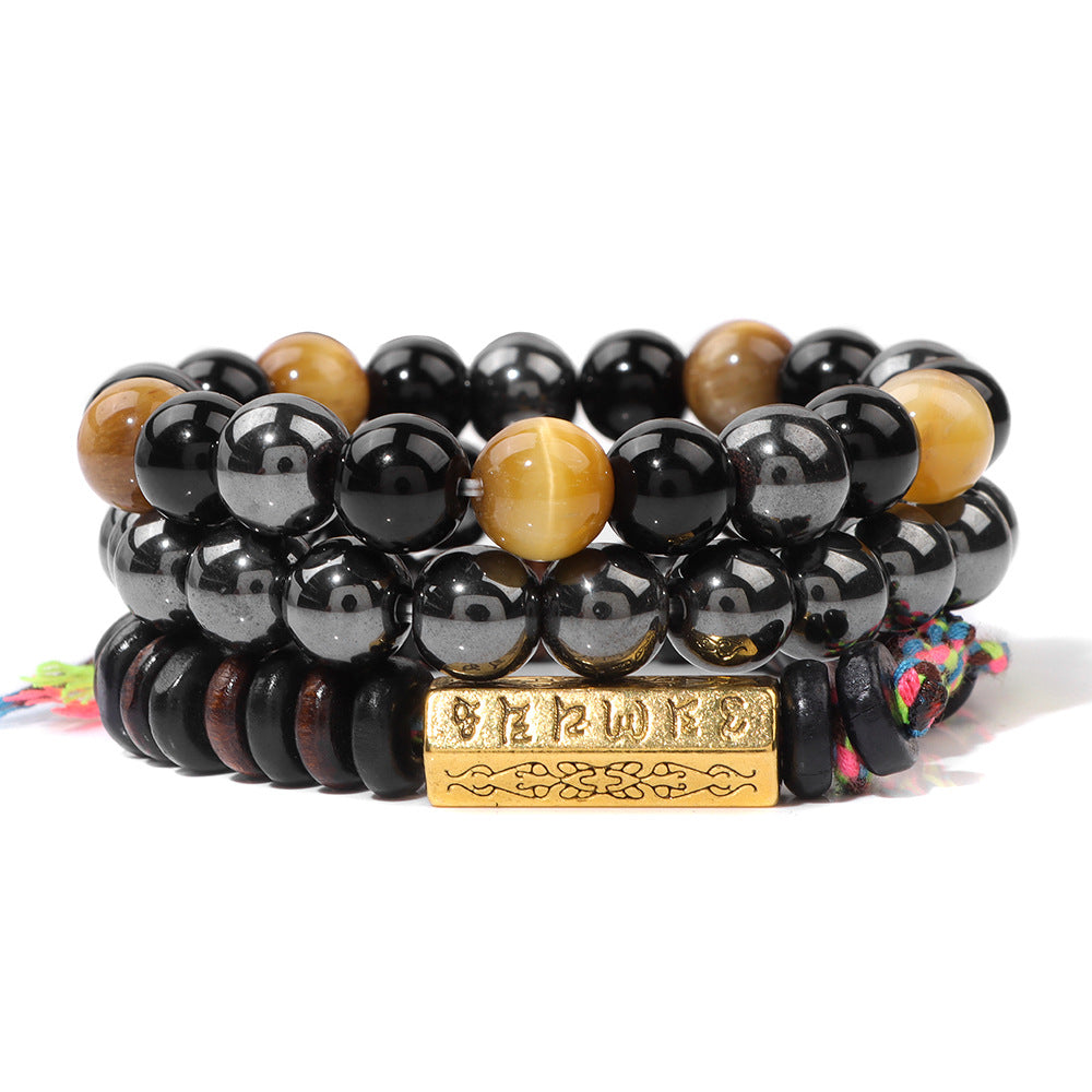 Six-Syllable Mantra Lucky Trio Set Natural Stone Colored Rope Bracelet Set