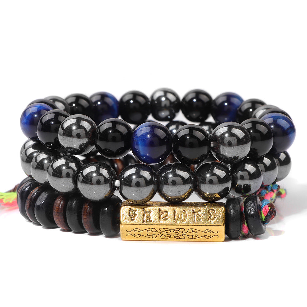 Six-Syllable Mantra Lucky Trio Set Natural Stone Colored Rope Bracelet Set