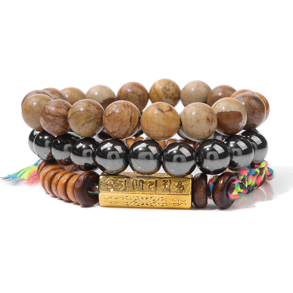 Six-Syllable Mantra Lucky Trio Set Natural Stone Colored Rope Bracelet Set