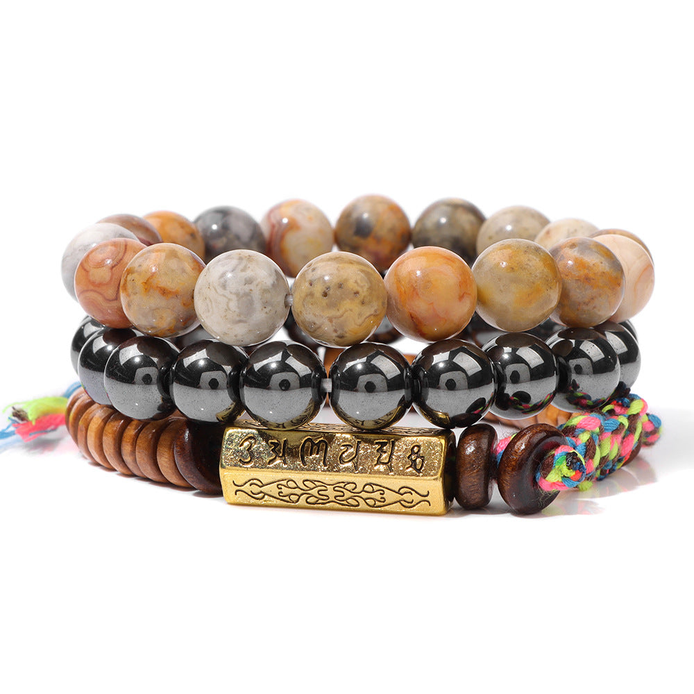 Six-Syllable Mantra Lucky Trio Set Natural Stone Colored Rope Bracelet Set