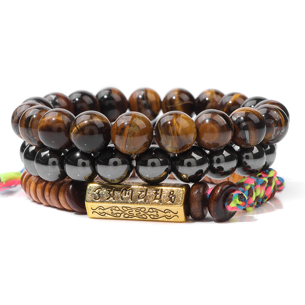 Six-Syllable Mantra Lucky Trio Set Natural Stone Colored Rope Bracelet Set