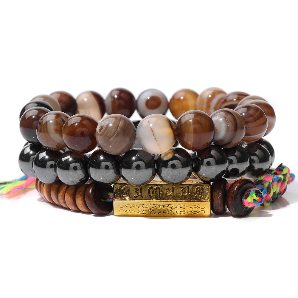 Six-Syllable Mantra Lucky Trio Set Natural Stone Colored Rope Bracelet Set