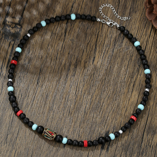 Ethnic style natural beaded stone necklace Tibetan round bead clavicle chain