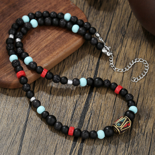 Ethnic style natural beaded stone necklace Tibetan round bead clavicle chain