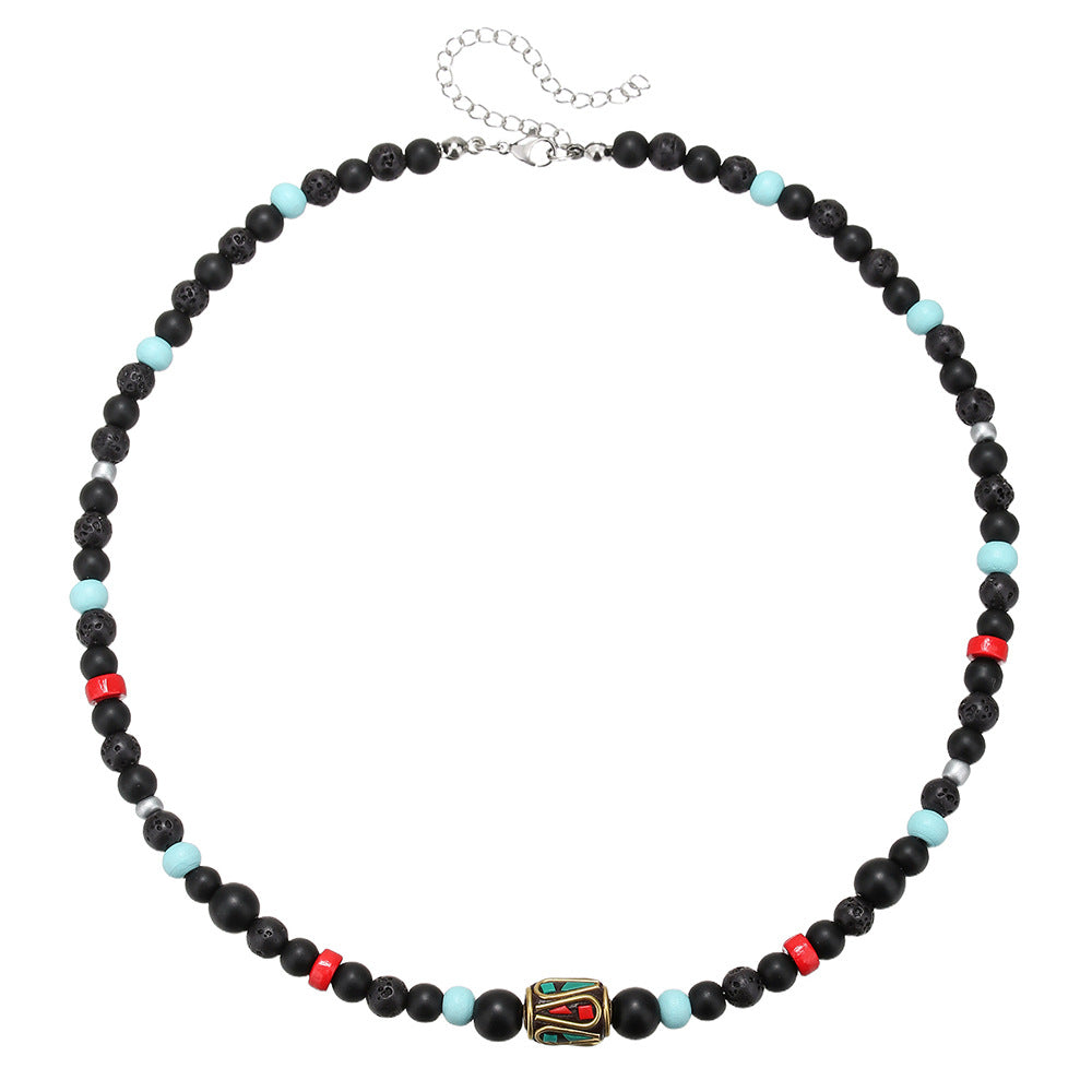 Ethnic style natural beaded stone necklace Tibetan round bead clavicle chain