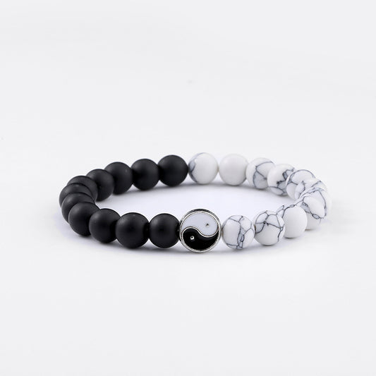 Tai Chi Yin Yang White Turquoise Bracelet Matte Black Handmade Beaded Bracelet