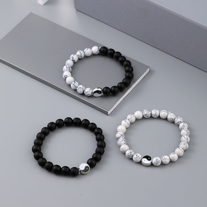 Tai Chi Yin Yang White Turquoise Bracelet Matte Black Handmade Beaded Bracelet