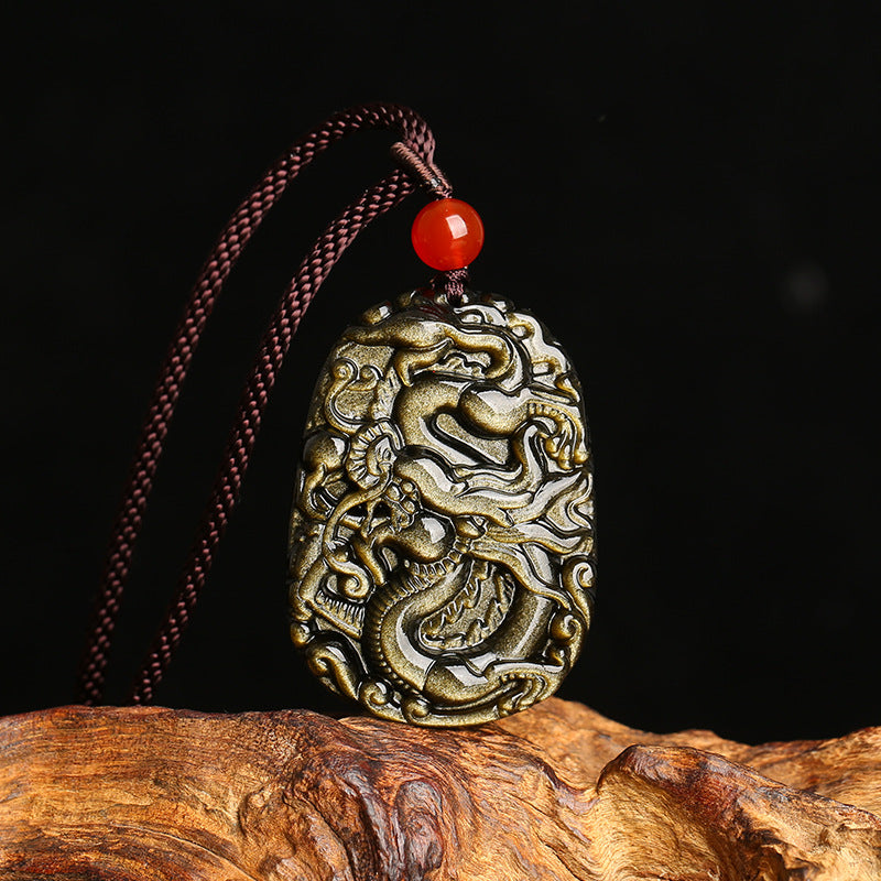 Natural crystal gold obsidian dragon pendant necklace