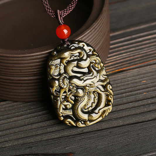 Natural crystal gold obsidian dragon pendant necklace
