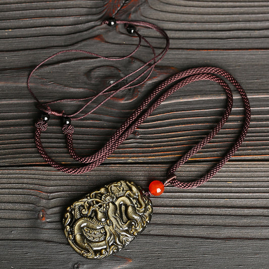 Natural crystal gold obsidian dragon pendant necklace