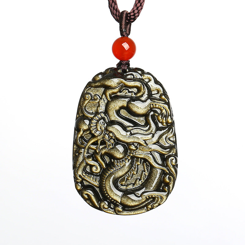 Natural crystal gold obsidian dragon pendant necklace