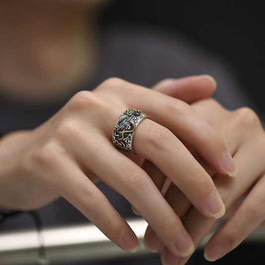 Auspicious Dragon Playing with Pearl 925 Silver Ring