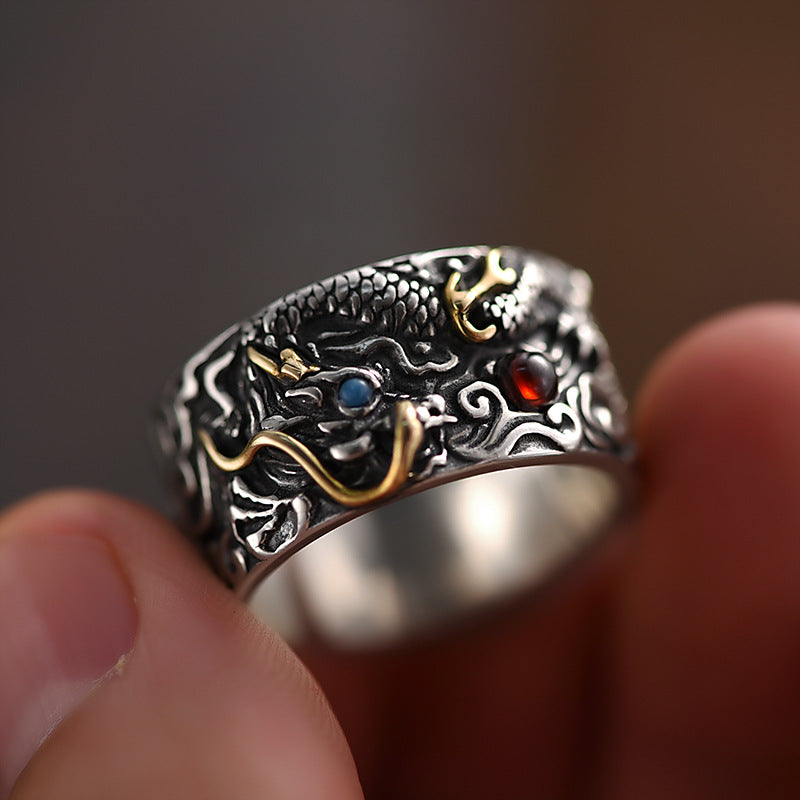 Auspicious Dragon Playing with Pearl 925 Silver Ring