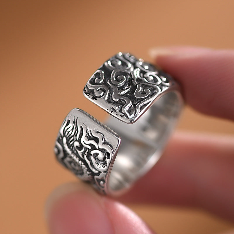 Auspicious Dragon Playing with Pearl 925 Silver Ring