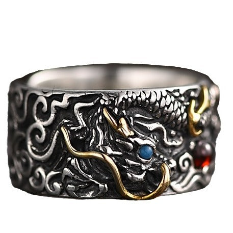 Auspicious Dragon Playing with Pearl 925 Silver Ring