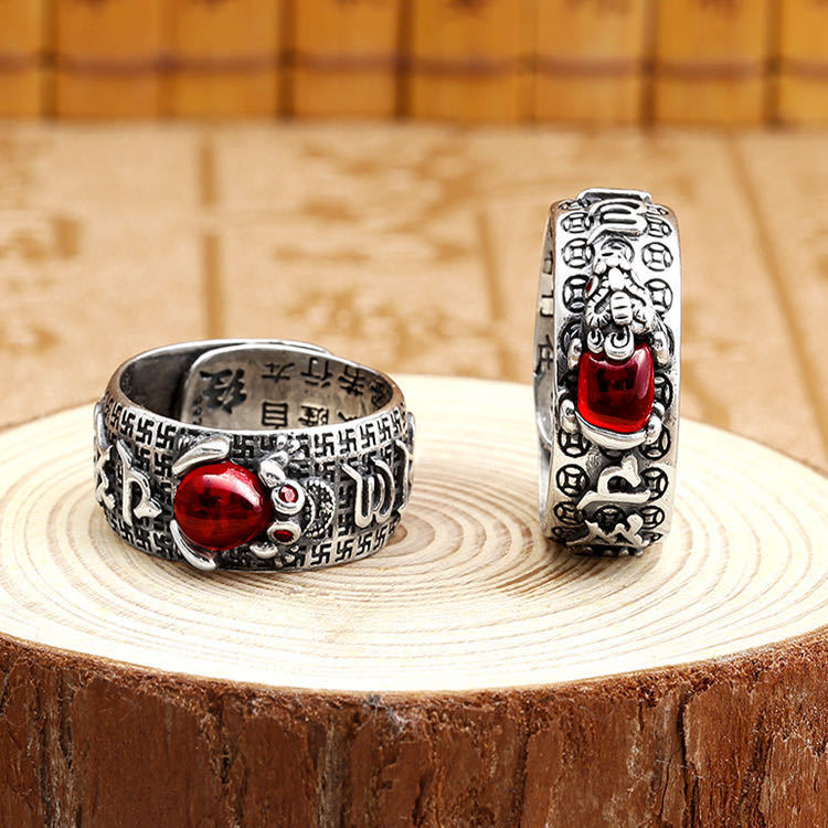 Wealth-attracting garnet Pixiu S925 silver Ring
