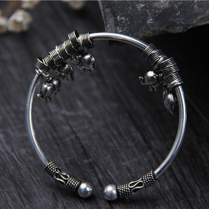S925 sterling silver vintage handmade elephant open bracelet