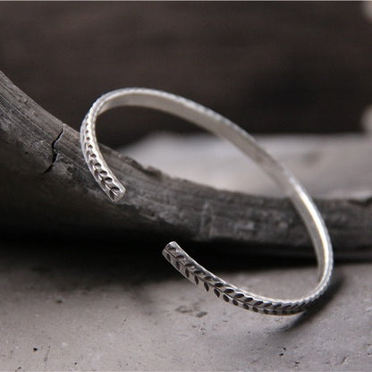S925 sterling silver hand-carved leaf open wheat ear bracelet