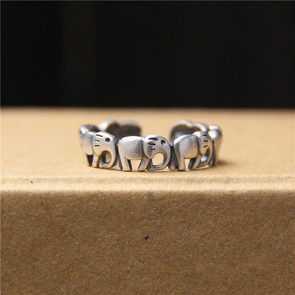 Vintage S925 Silver Adjustable Lucky Elephant Ring – Matte Finish