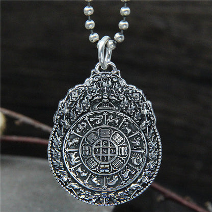 S925 sterling silver vajra pendant with twelve zodiac animals and eight trigrams