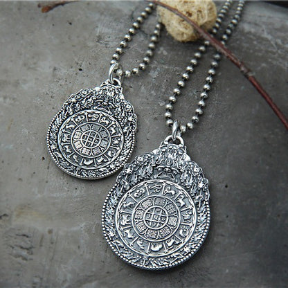 S925 sterling silver vajra pendant with twelve zodiac animals and eight trigrams