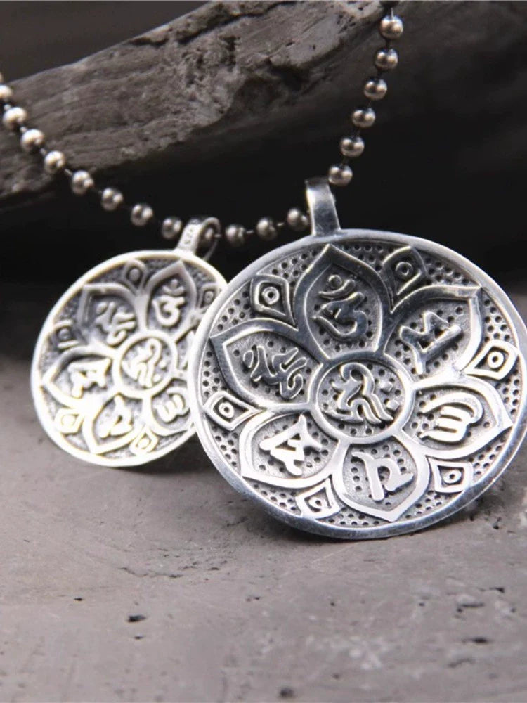 S925 sterling silver vintage six-word mantra peace round pendant