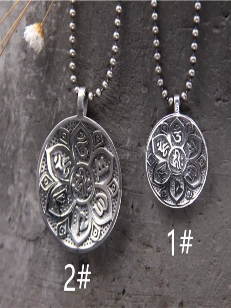 S925 sterling silver vintage six-word mantra peace round pendant