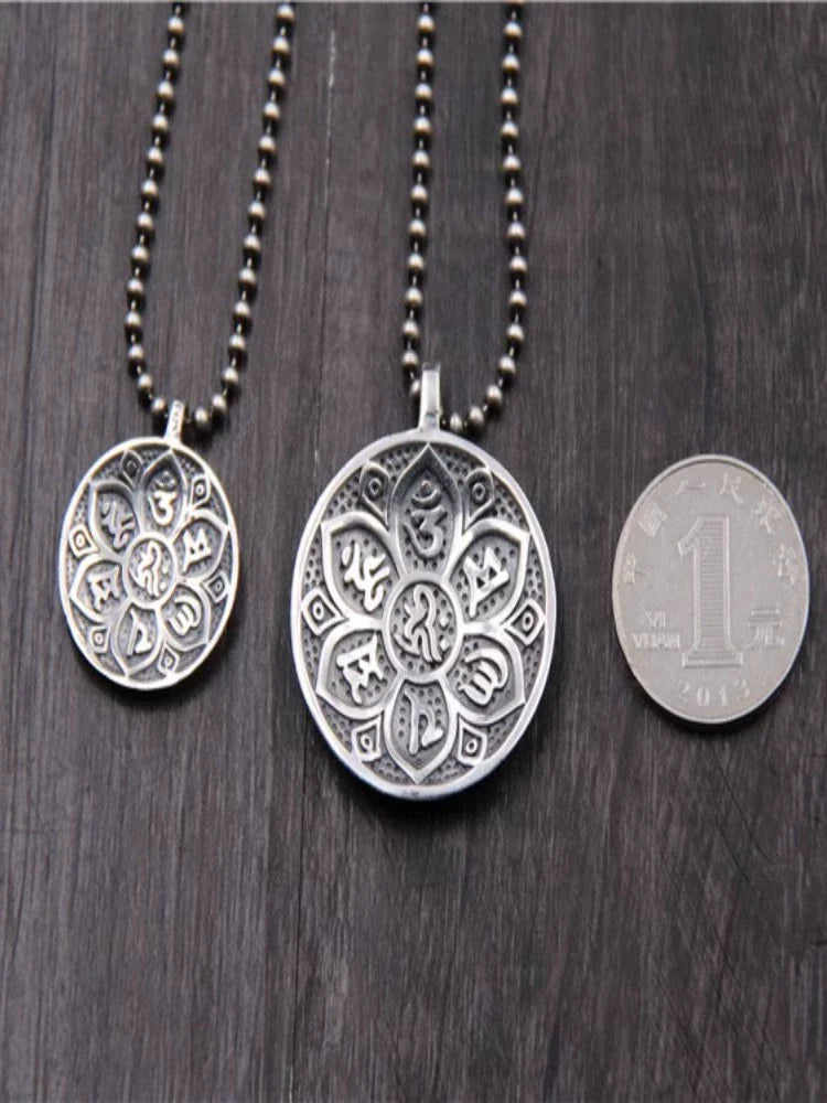S925 sterling silver vintage six-word mantra peace round pendant