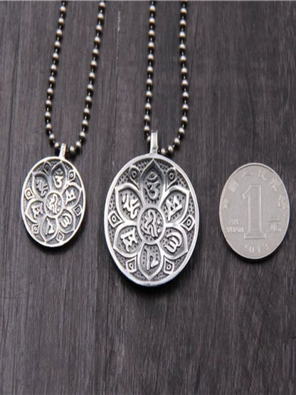 S925 sterling silver vintage six-word mantra peace round pendant