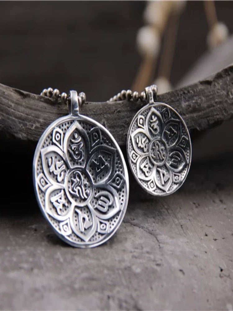 S925 sterling silver vintage six-word mantra peace round pendant