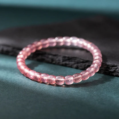 Natural Strawberry Quartz Barrel Bead Bracelet - Transparent and Radiant Red