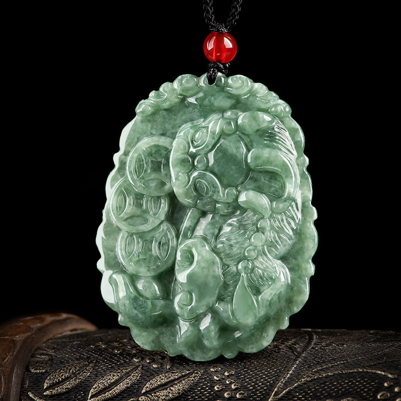 Natural A-Grade Jadeite Three Gold Coin Pixiu Pendant and Icy Jade Necklace