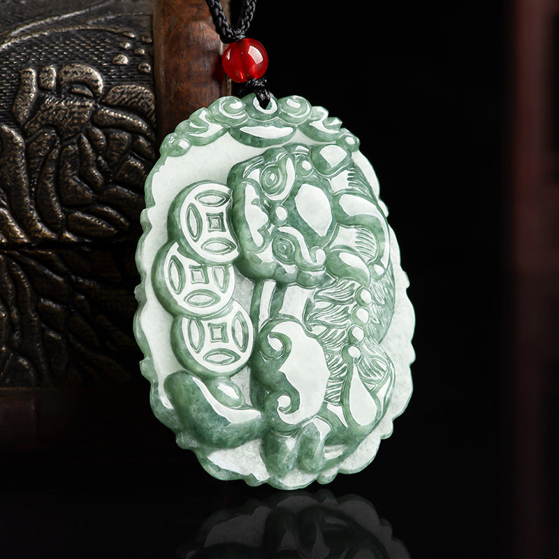 Natural A-Grade Jadeite Three Gold Coin Pixiu Pendant and Icy Jade Necklace