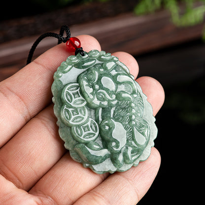 Natural A-Grade Jadeite Three Gold Coin Pixiu Pendant and Icy Jade Necklace