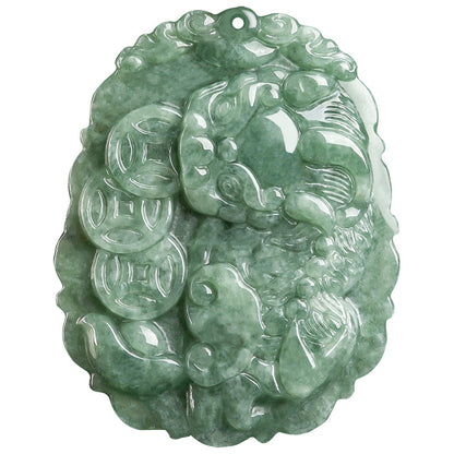 Natural A-Grade Jadeite Three Gold Coin Pixiu Pendant and Icy Jade Necklace